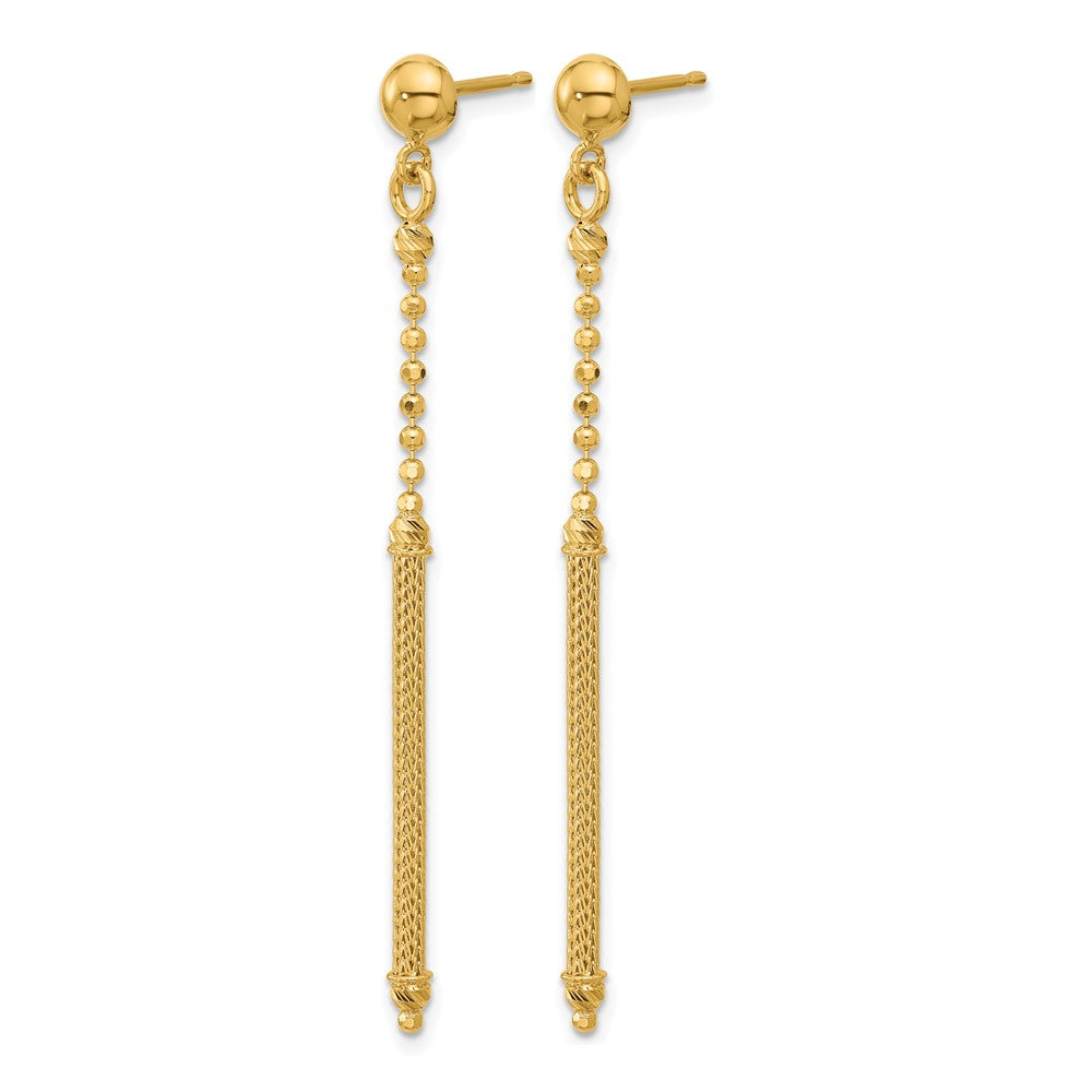 14K Yellow Gold Polish/Texture/Dia Cut Bead Bar Dangle Post Earrings
