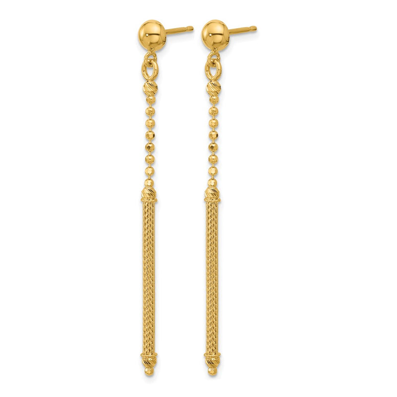 14K Yellow Gold Polish/Texture/Dia Cut Bead Bar Dangle Post Earrings