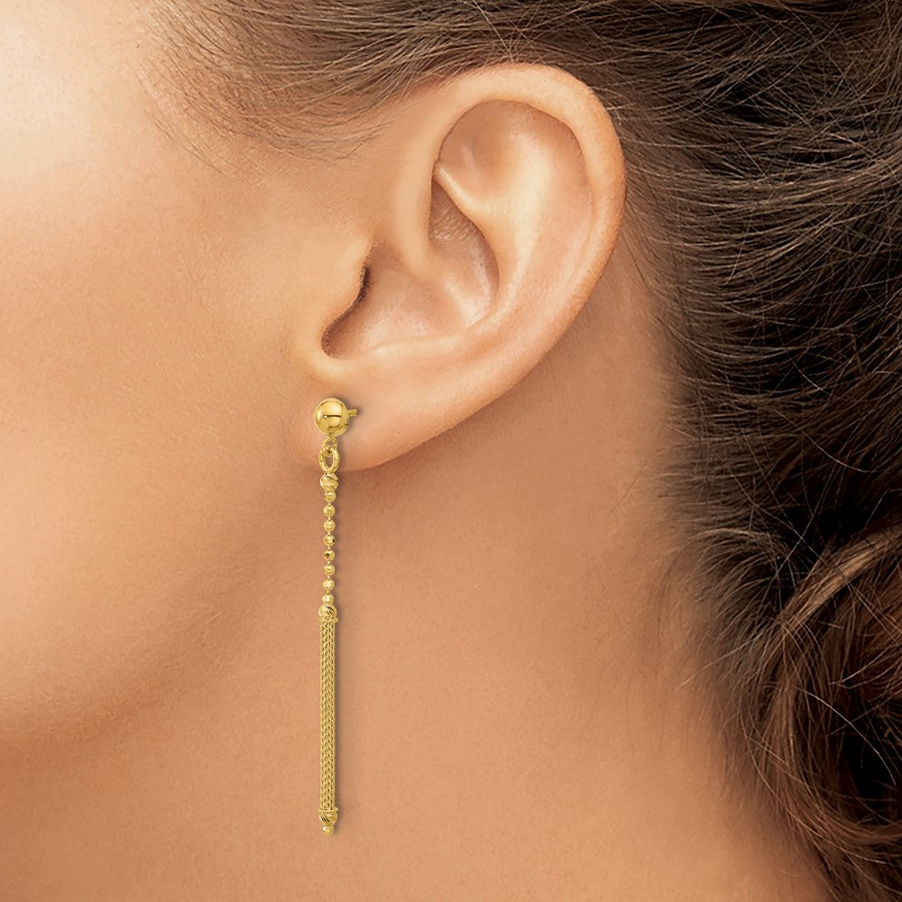 14K Yellow Gold Polish/Texture/Dia Cut Bead Bar Dangle Post Earrings