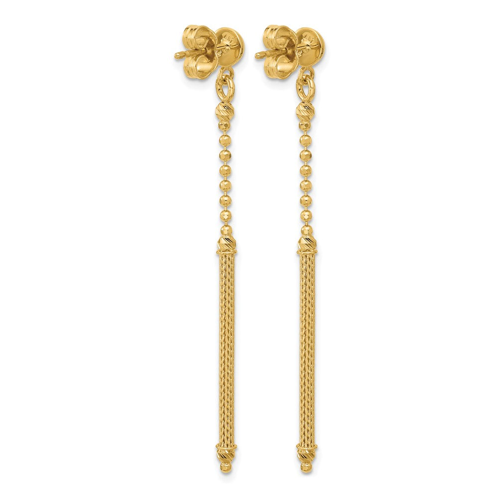 14K Yellow Gold Polish/Texture/Dia Cut Bead Bar Dangle Post Earrings