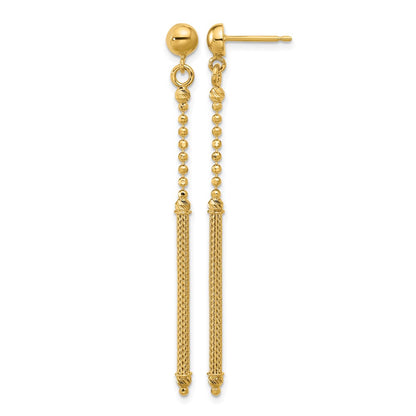14K Yellow Gold Polish/Texture/Dia Cut Bead Bar Dangle Post Earrings