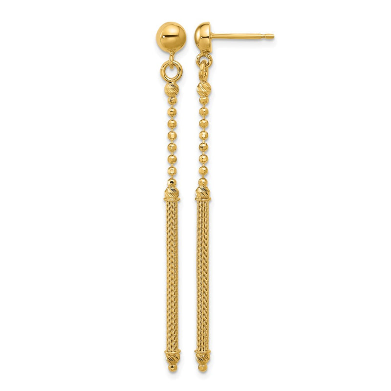 14K Yellow Gold Polish/Texture/Dia Cut Bead Bar Dangle Post Earrings