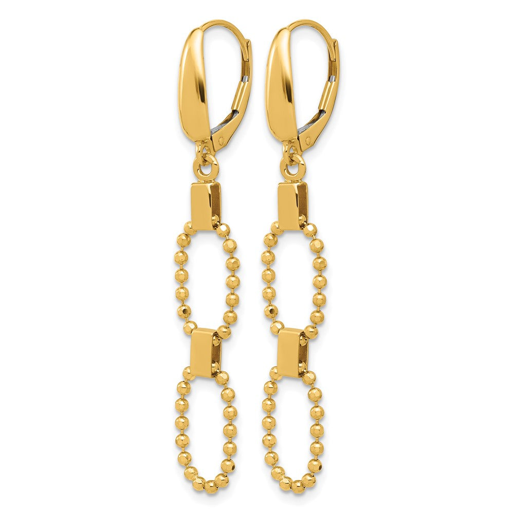 14K Yellow Gold Polished/Dia Cut Beaded Link Dangle Leverback Earrings