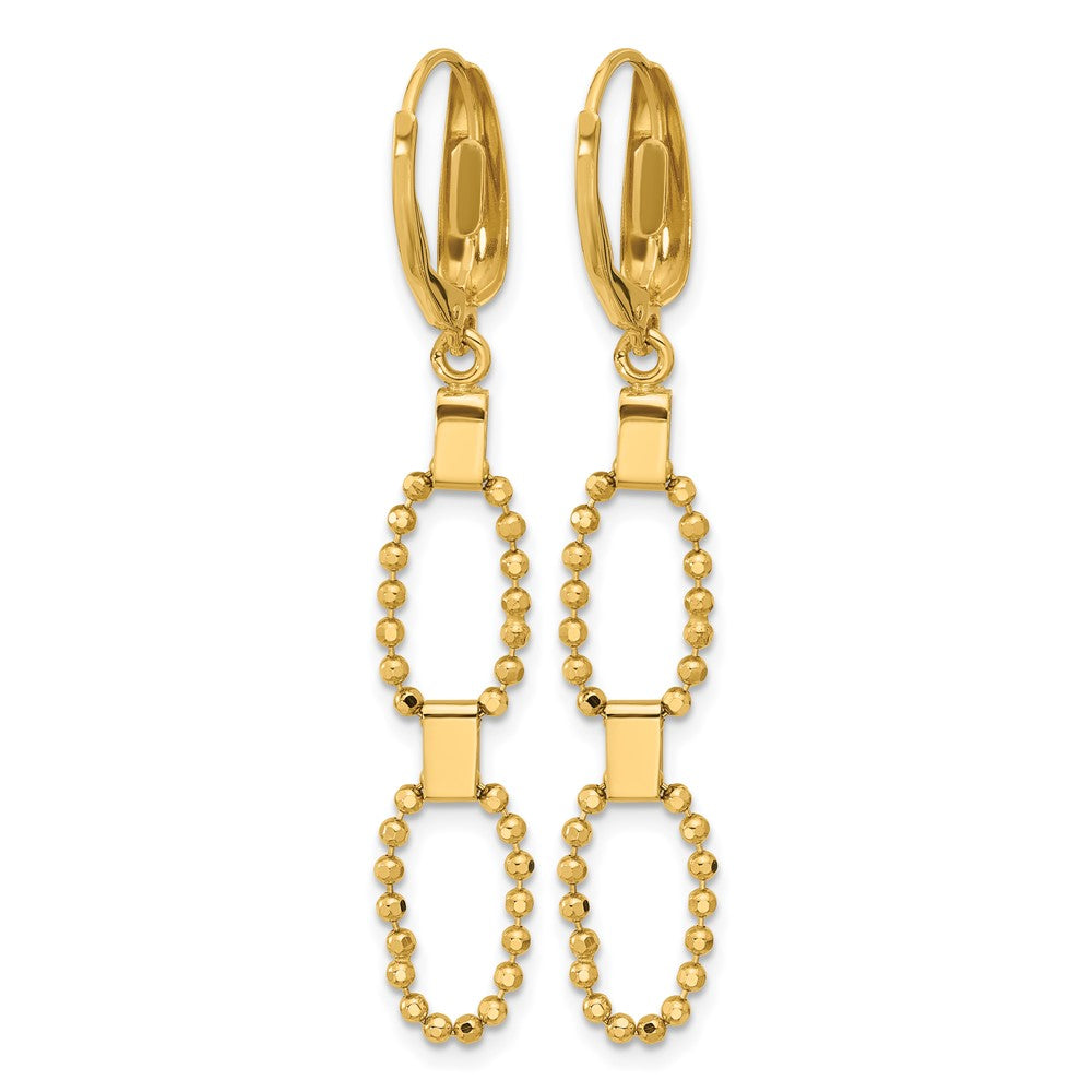 14K Yellow Gold Polished/Dia Cut Beaded Link Dangle Leverback Earrings