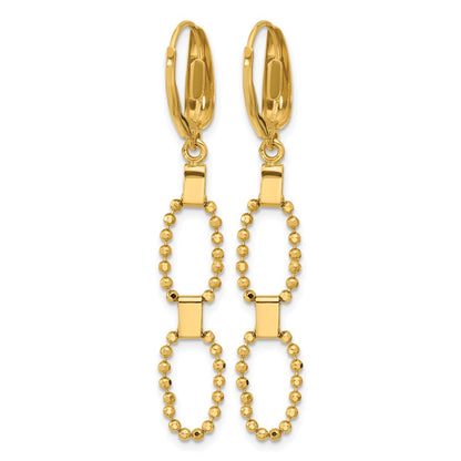 14K Yellow Gold Polished/Dia Cut Beaded Link Dangle Leverback Earrings
