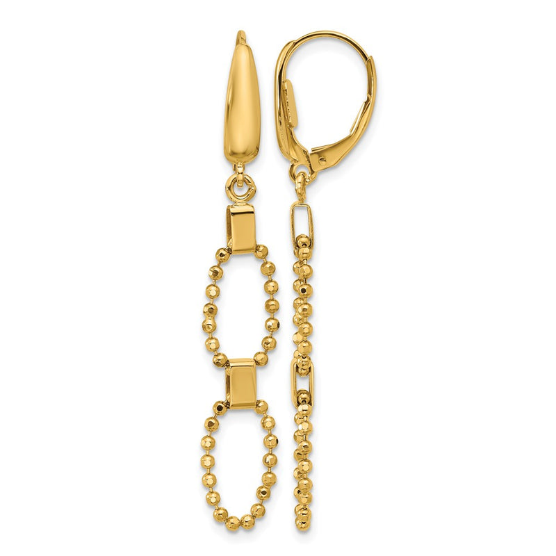 14K Yellow Gold Polished/Dia Cut Beaded Link Dangle Leverback Earrings