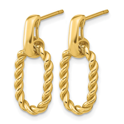 14K Yellow Gold Polished And Twisted Oval Link Dangle Post Earrings