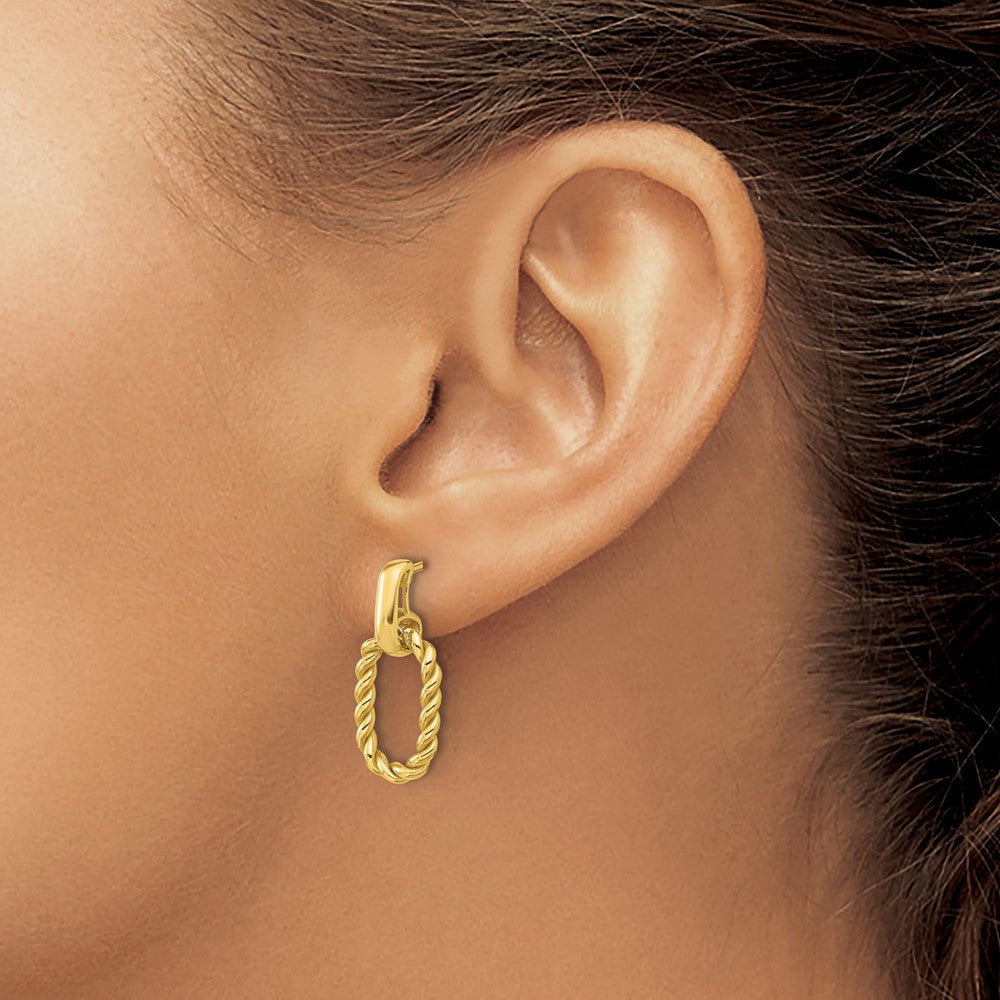 14K Yellow Gold Polished And Twisted Oval Link Dangle Post Earrings