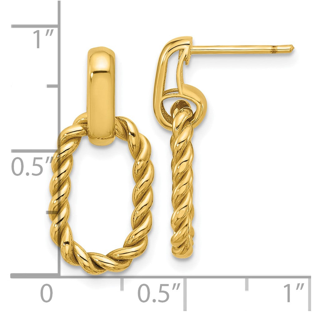 14K Yellow Gold Polished And Twisted Oval Link Dangle Post Earrings