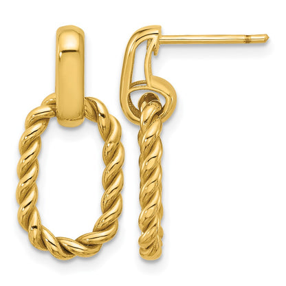 14K Yellow Gold Polished And Twisted Oval Link Dangle Post Earrings