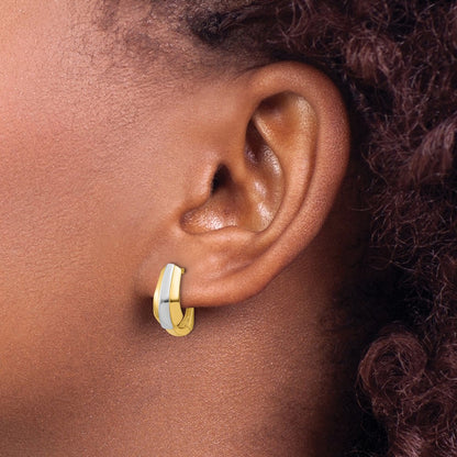 14K Yellow Gold With Rhodium Polished Hinged Hoop Earrings