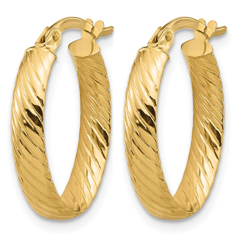 14K Yellow Gold Polished And Grooved Oval Hoop Earrings