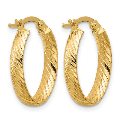 14K Yellow Gold Polished And Grooved Oval Hoop Earrings