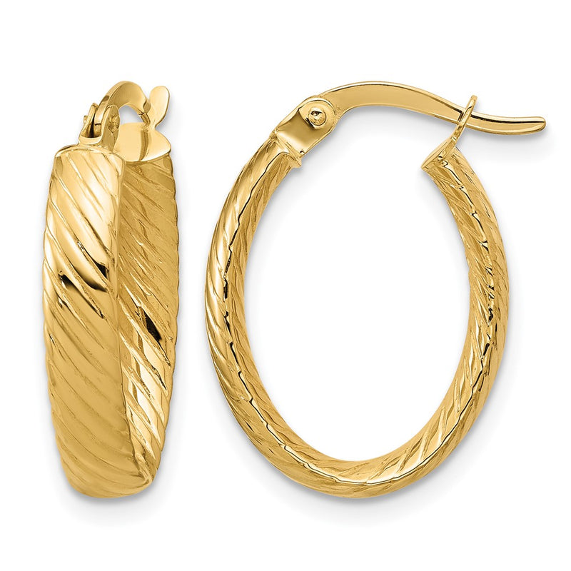 14K Yellow Gold Polished And Grooved Oval Hoop Earrings