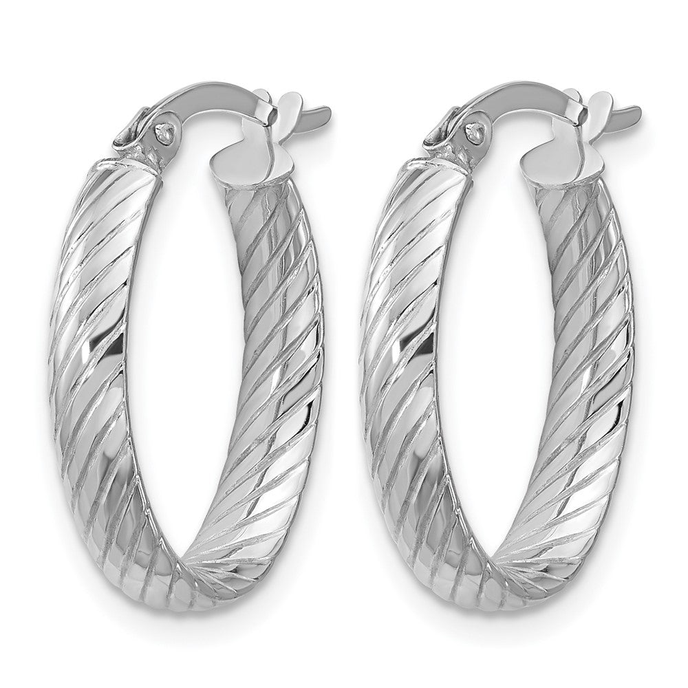 14K White Gold Polished And Grooved Oval Hoop Earrings