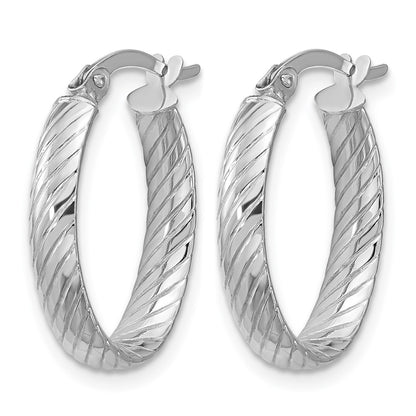 14K White Gold Polished And Grooved Oval Hoop Earrings