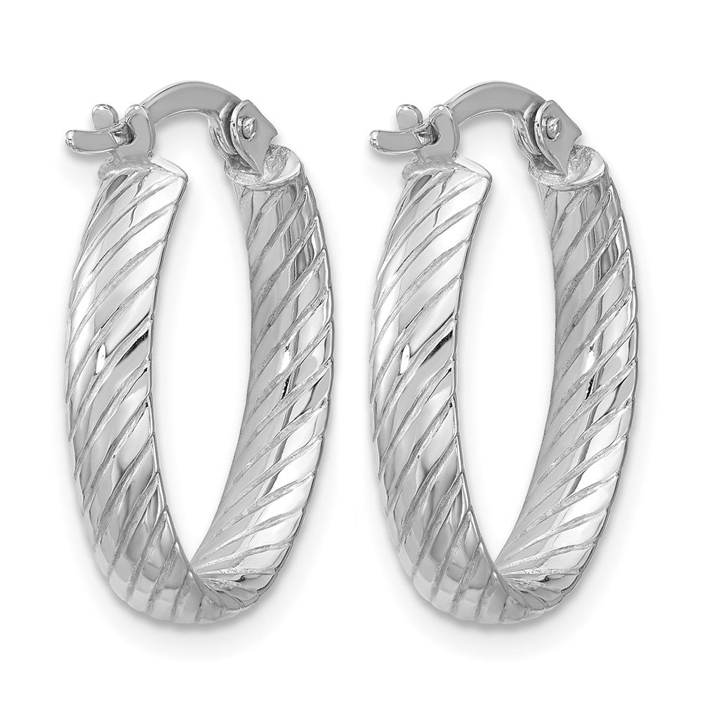 14K White Gold Polished And Grooved Oval Hoop Earrings