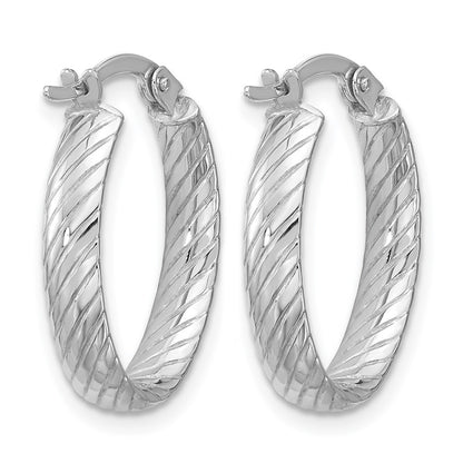 14K White Gold Polished And Grooved Oval Hoop Earrings