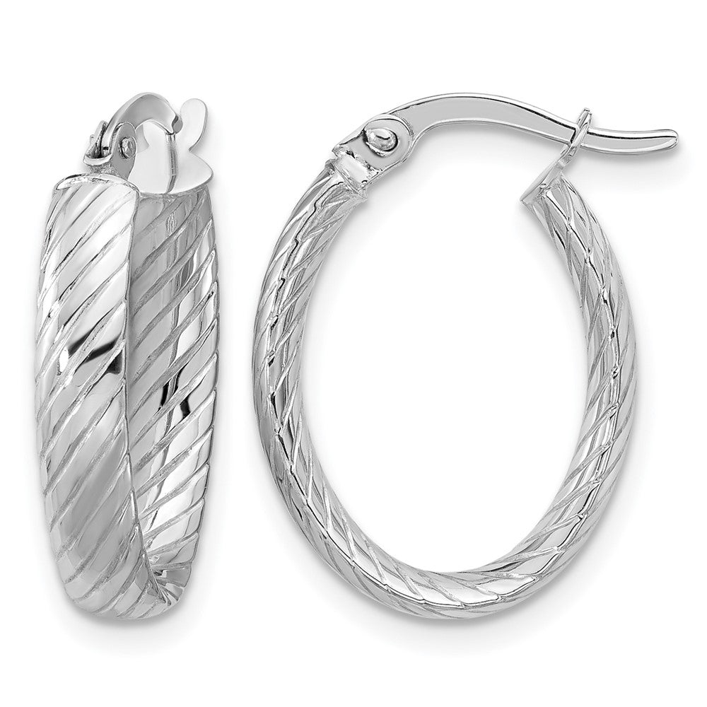14K White Gold Polished And Grooved Oval Hoop Earrings