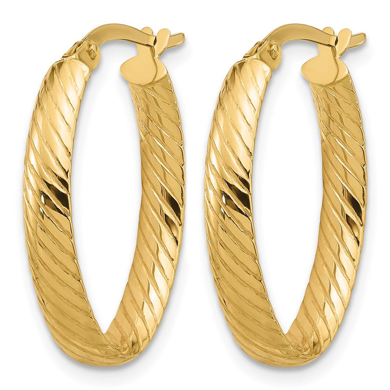 14K Yellow Gold Polished And Grooved Oval Hoop Earrings
