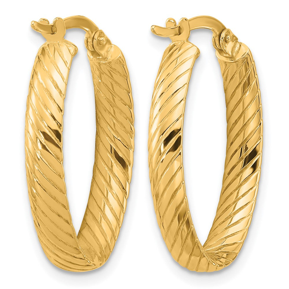 14K Yellow Gold Polished And Grooved Oval Hoop Earrings