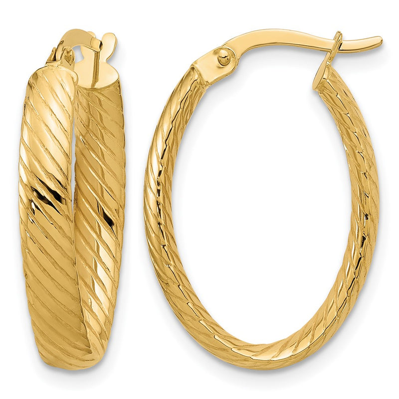14K Yellow Gold Polished And Grooved Oval Hoop Earrings