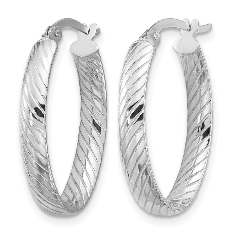 14K White Gold Polished And Grooved Oval Hoop Earrings