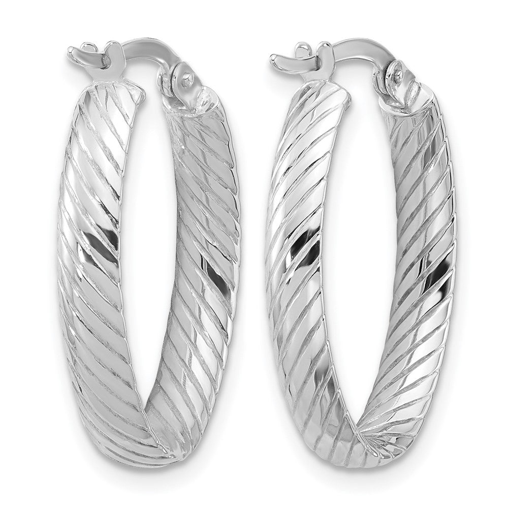 14K White Gold Polished And Grooved Oval Hoop Earrings