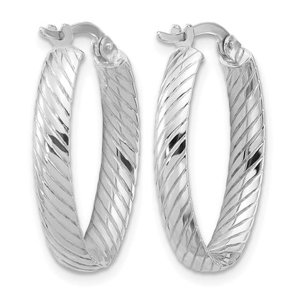 14K White Gold Polished And Grooved Oval Hoop Earrings