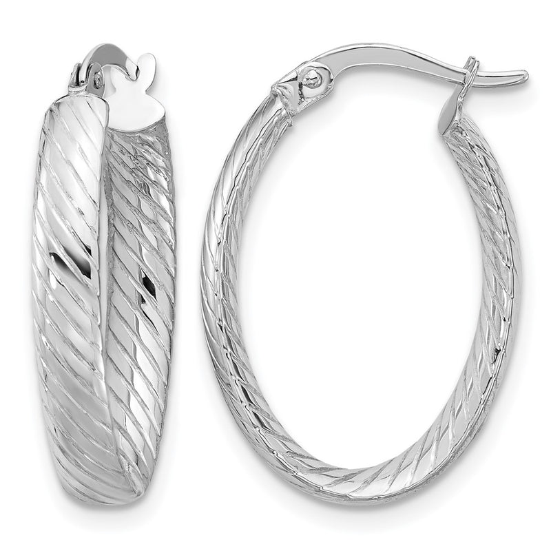 14K White Gold Polished And Grooved Oval Hoop Earrings