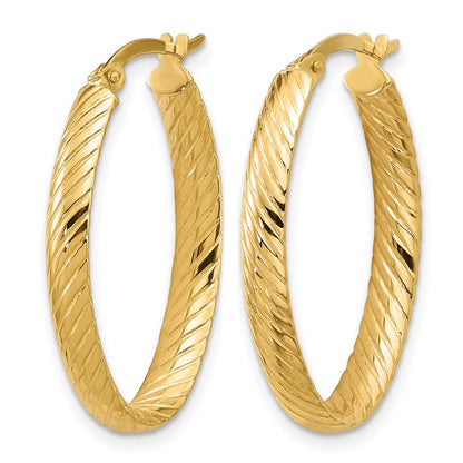 14K Yellow Gold Polished And Grooved Oval Hoop Earrings