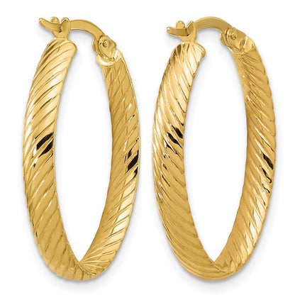 14K Yellow Gold Polished And Grooved Oval Hoop Earrings