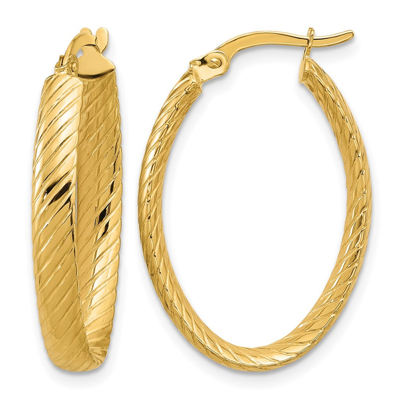 14K Yellow Gold Polished And Grooved Oval Hoop Earrings