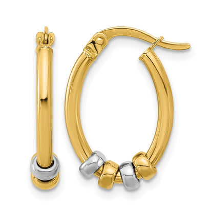 14K Two Tone Polished With Beads Oval Hoop Earrings