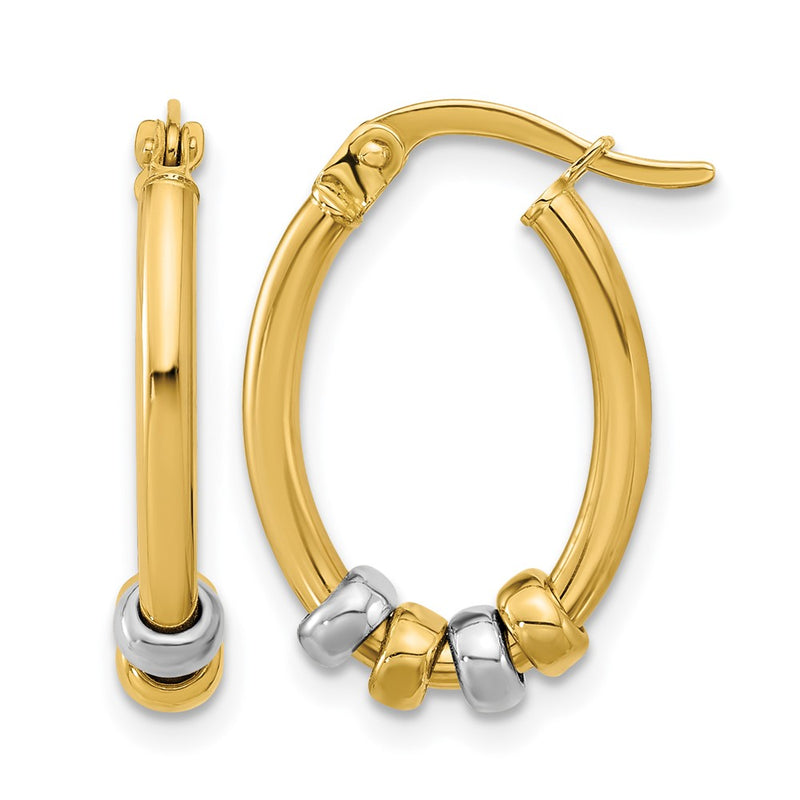 14K Two Tone Polished With Beads Oval Hoop Earrings