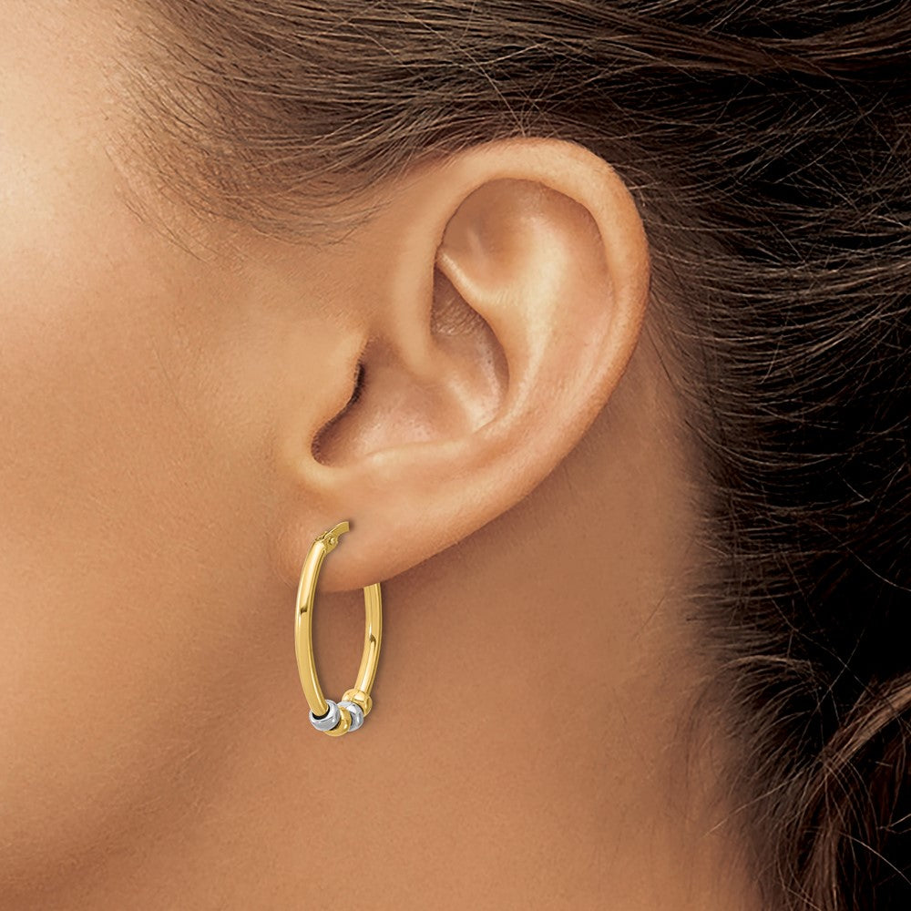 14K Two Tone Polished With Beads Oval Hoop Earrings