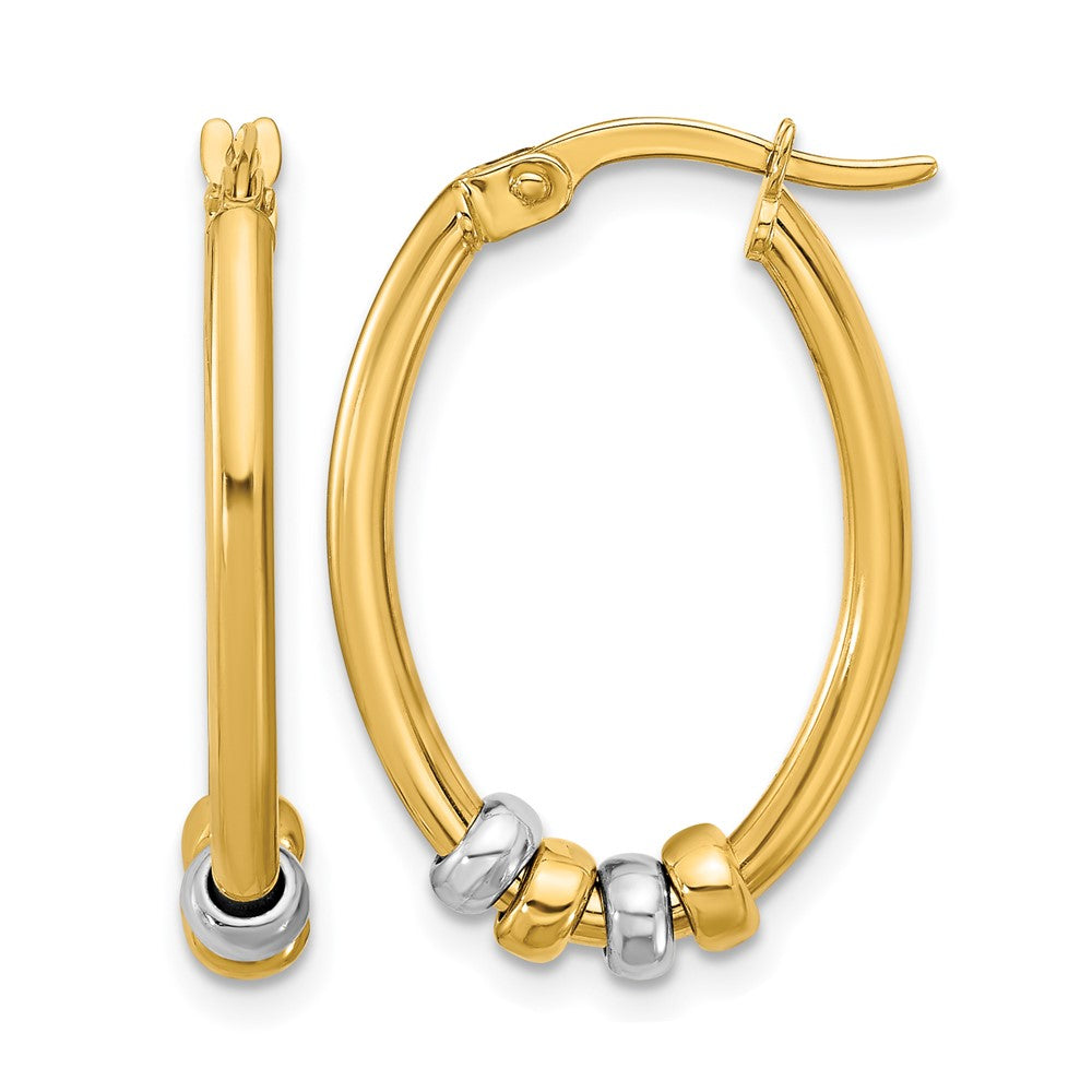 14K Two Tone Polished With Beads Oval Hoop Earrings