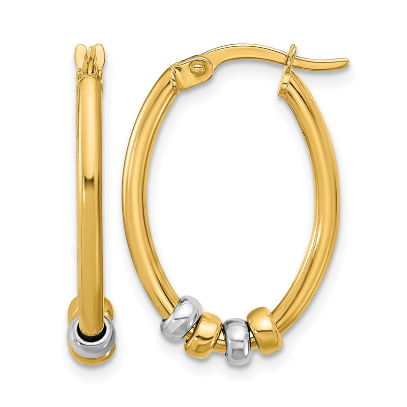 14K Two Tone Polished With Beads Oval Hoop Earrings