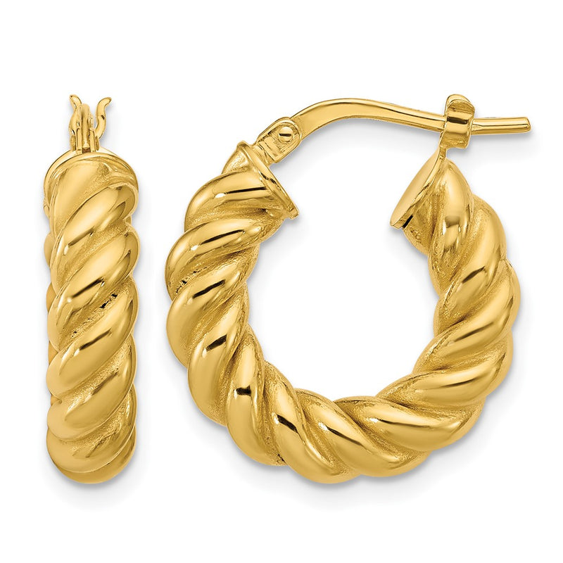 14K Yellow Gold Polished And Twisted Round Hoop Earrings
