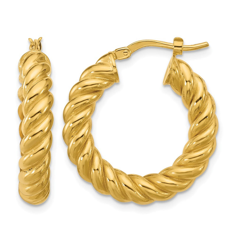 14K Yellow Gold Polished And Twisted Round Hoop Earrings