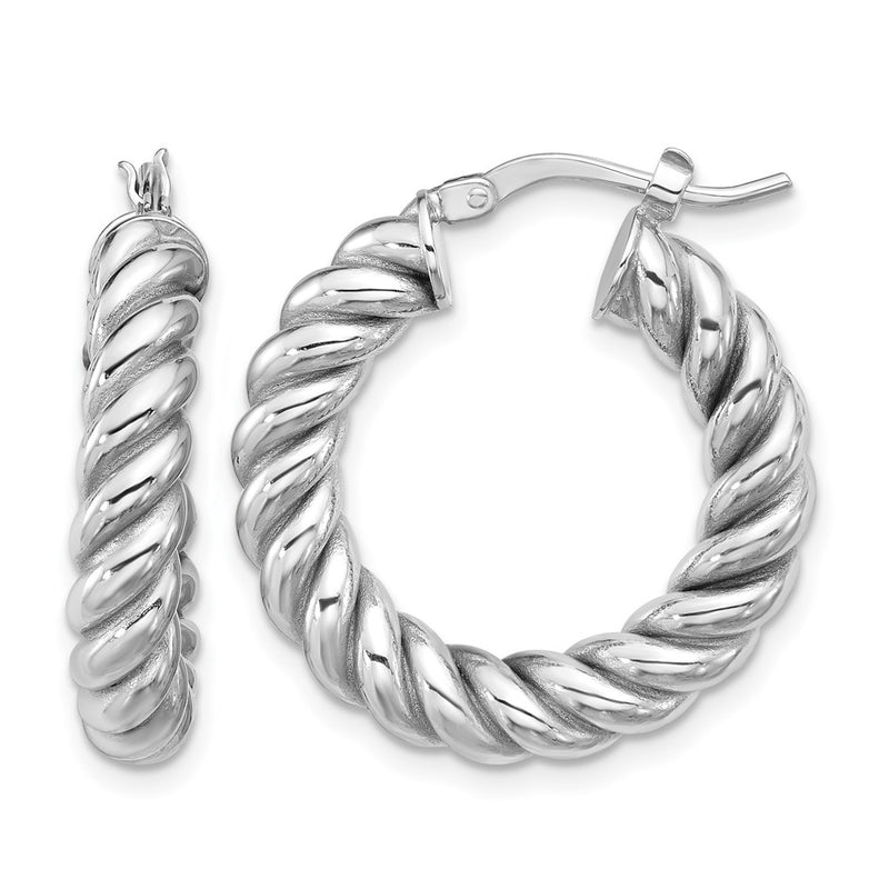 14K Yellow & Rhodium White Rh Plat Polished/Twisted Round Hoop Earrings