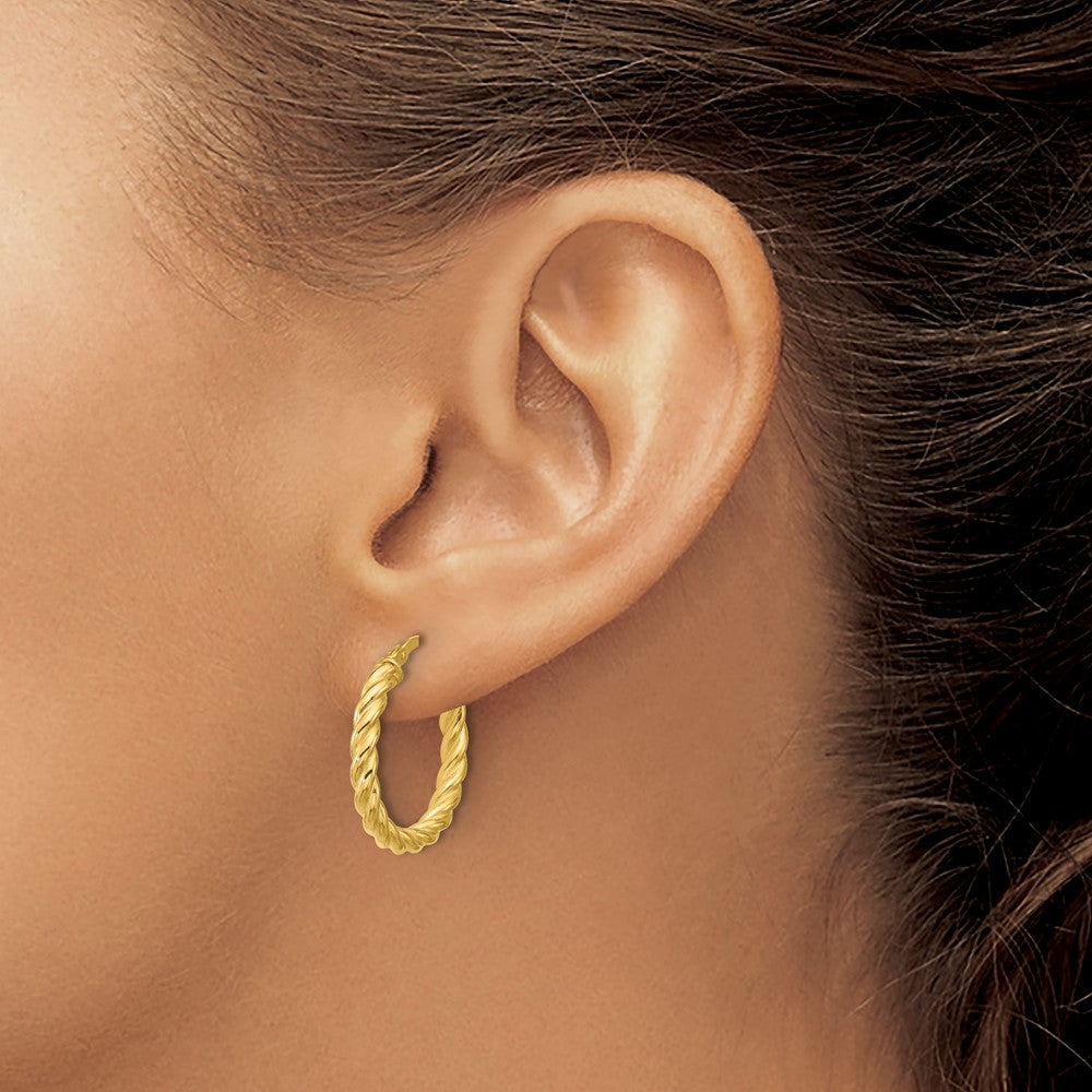 14K Yellow Gold Polished And Twisted Round Hoop Earrings