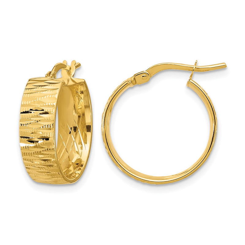 14K Yellow Gold Polished And Diamond Cut Round Hoop Earrings