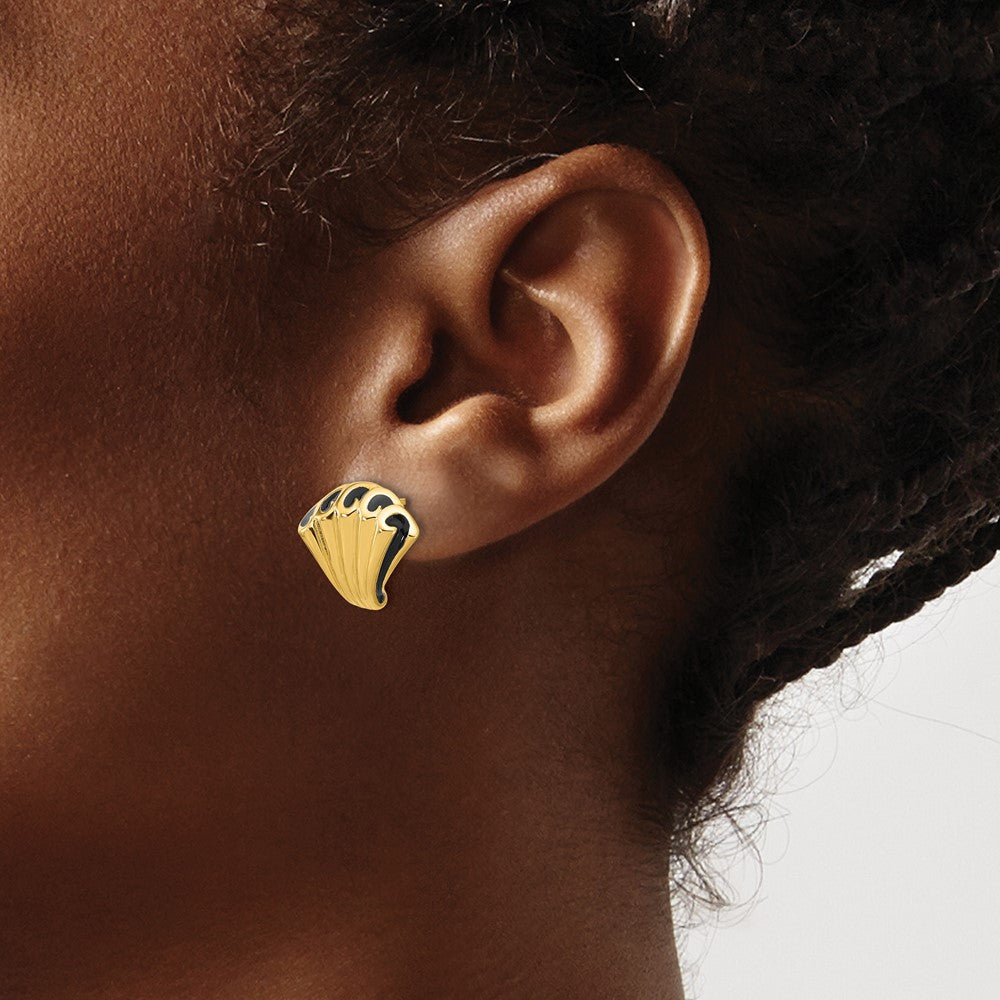 14K Yellow Gold Black Enamel Polished Fancy Post Earrings