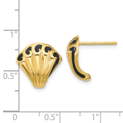 14K Yellow Gold Black Enamel Polished Fancy Post Earrings