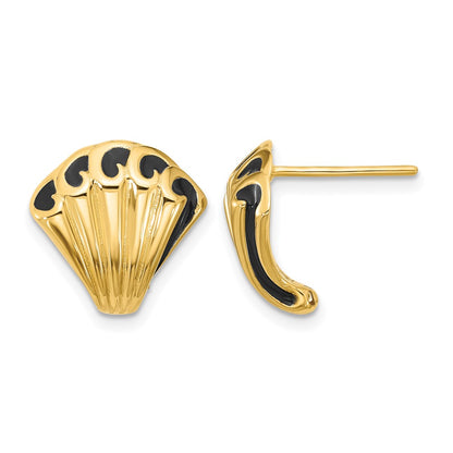 14K Yellow Gold Black Enamel Polished Fancy Post Earrings