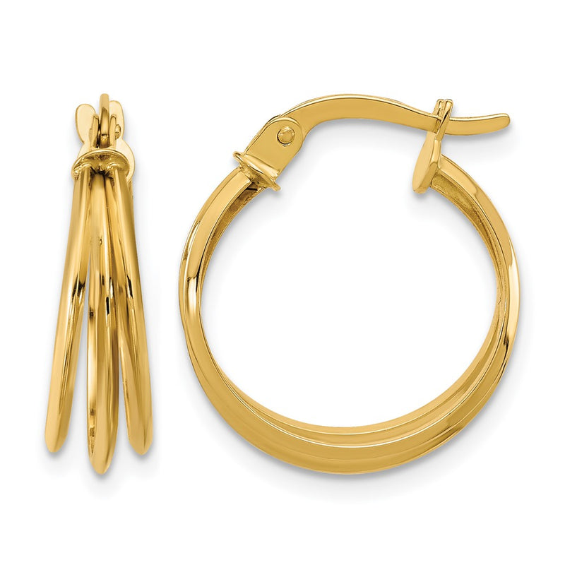 14K Yellow Gold Polished 3 Row Round Hoop Earrings