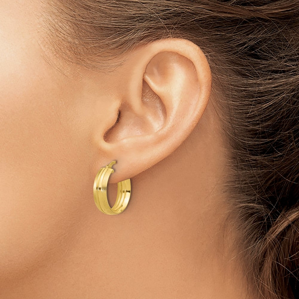 14K Yellow Gold Polished And Satin Round Hoop Earrings