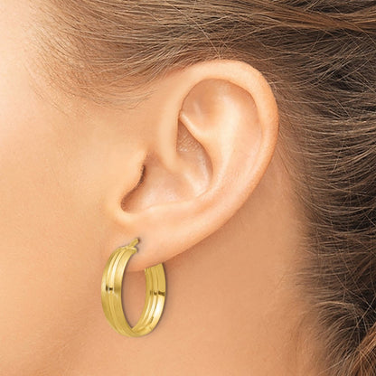 14K Yellow Gold Polished And Satin Round Hoop Earrings