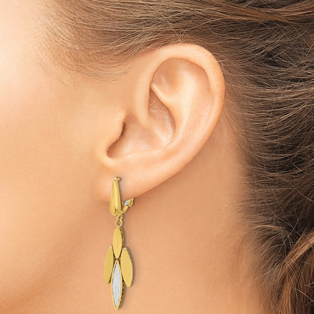 14K Two Tone Polish/Dia Cut Fancy Dangle Omega Earrings